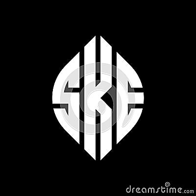 SKE circle letter logo design with circle and ellipse shape. SKE ellipse letters with typographic style. The three initials form a Vector Illustration