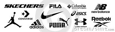 Skechers, Adidas, Nike, Reebok, Asics, Jordan, Puma, Under Armour, Fila, Columbia, Converse, New balance - logos of sports Vector Illustration