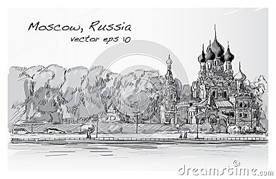 Skecth of cityscape in Moscow, Russia, Orthodox church Vector Illustration
