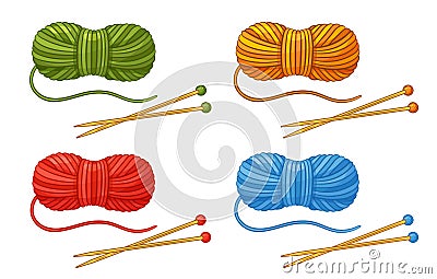Skein wool yarn thread, ball with knitting needles icon. Cotton clew fiber roll, handmade knit, crochet. Hand needlework. Vector Vector Illustration
