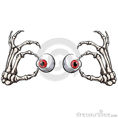 Skeletal hands hold eyeballs. Vector Illustration