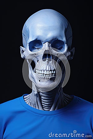 A skeleton in a blue shirt with smiling skull Stock Photo