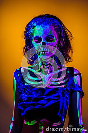 Skeleton bodyart with blacklight Stock Photo