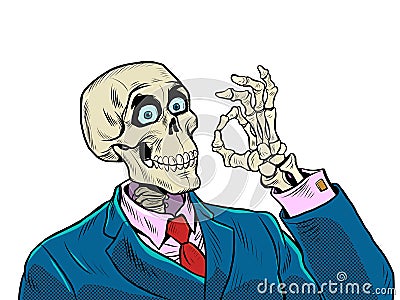 Skeleton businessman ok gesture, good business, positive dead man. business survival Vector Illustration