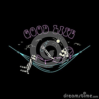 SKELETON CAMPER IN HAMMOCK GOOD LIFE COLOR BLACK Vector Illustration