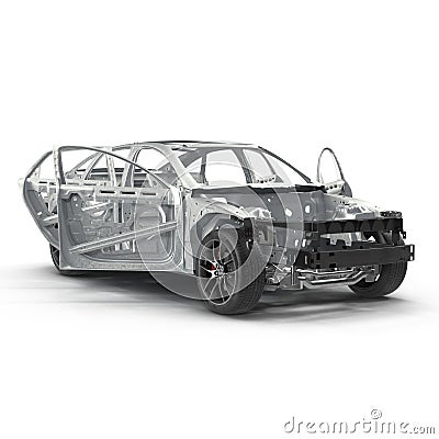 Skeleton of a car with Chassis on white. 3D illustration Cartoon Illustration