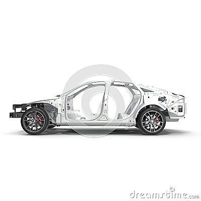 Skeleton of a car with Chassis on white. Side view. 3D illustration Cartoon Illustration