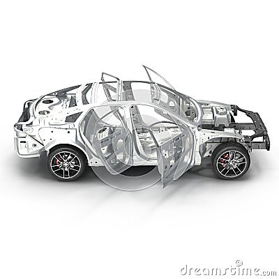 Skeleton of a car with Chassis on white. Side view. 3D illustration Cartoon Illustration