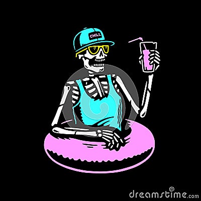 SKELETON CHILLING WITH COCKTAIL AND SWIM RING MULTICOLOR Vector Illustration