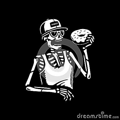 SKELETON EATING DONUT Vector Illustration