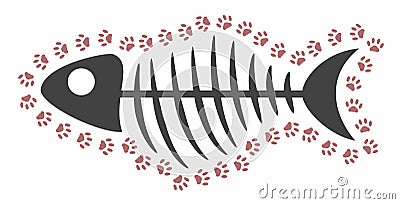 The skeleton of a fish is circled by a footprint of cat`s paws. Fish bones are in the frame of cat tracks. Vector isolate on a Vector Illustration