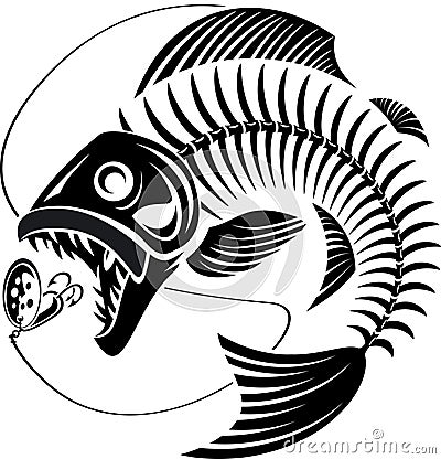 Skeleton Fish taking fishing lure Vector Illustration