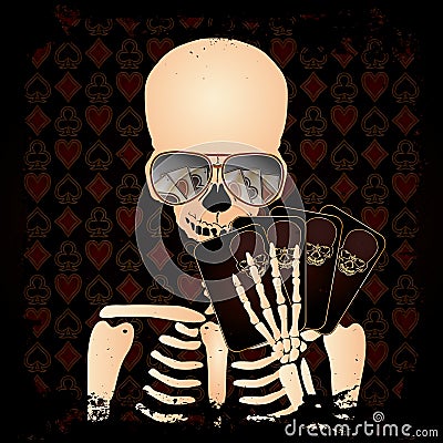 Skeleton gambler with poker cards Vector Illustration