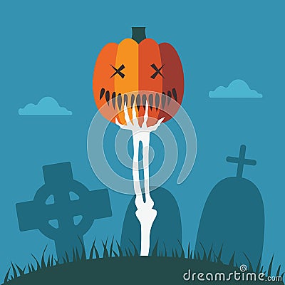 Skeleton Hand with Halloween Pumpkin at Graveyard Vector Illustration