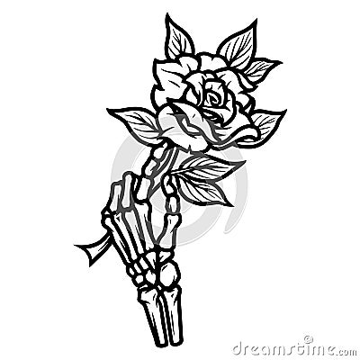 Skeleton hand holding beautiful rose Vector Illustration