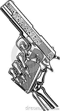 Skeleton hand holding coly 45. automatic pistol Vector Illustration