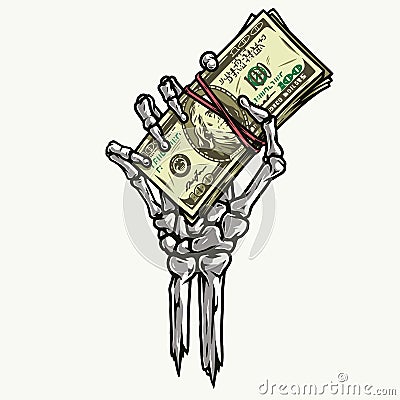 Skeleton hand holding dollar banknotes stack Vector Illustration