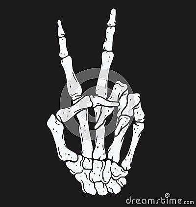 Skeleton hand making peace sign gesture. Vintage illustration style. Vector Illustration