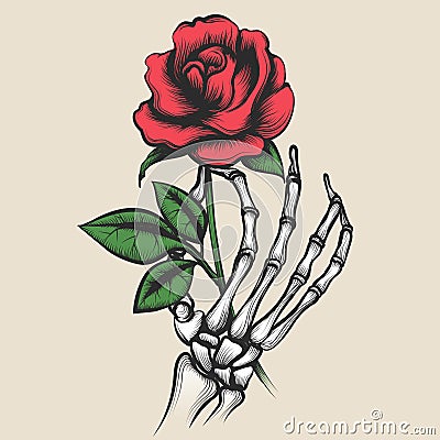 Skeleton hand with rose tattoo style Vector Illustration