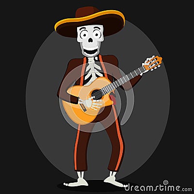 Skeleton of a man in a suit playing guitar. Day of the dead Mexico. Vector Illustration