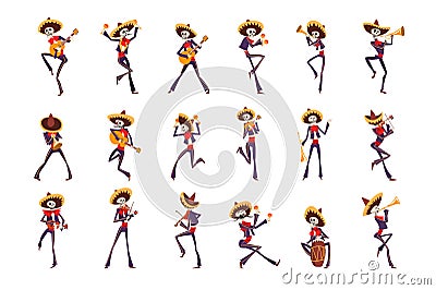 Skeleton in Mexican national costumes dancing and playing guitar, trumpet, maraca, Dia de Muertos, Day of the Dead Vector Illustration