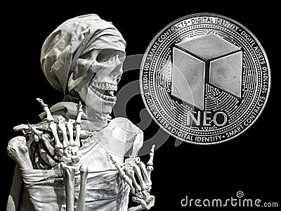 Skeleton model of the man and coin Neo Stock Photo