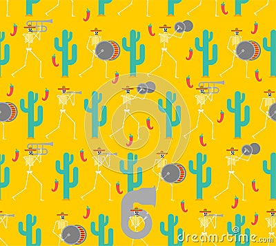 Skeleton music band pattern seamless. Day of dead in mexico background. Dead man with musical instrument. Skull in sombrero Vector Illustration