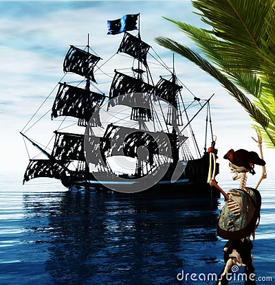 Skeleton Pirate and Ghost Ship Stock Photo