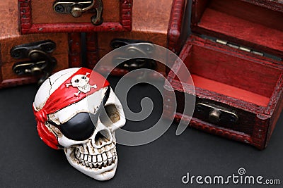 Skeleton pirate with treasure chest Stock Photo