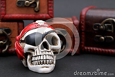 Skeleton pirate with treasure chest Stock Photo