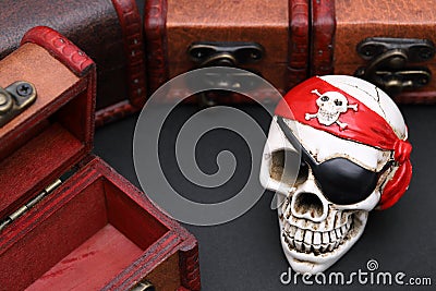 Skeleton pirate with treasure chest Stock Photo