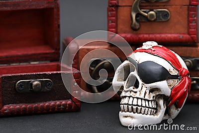 Skeleton pirate with treasure chest Stock Photo