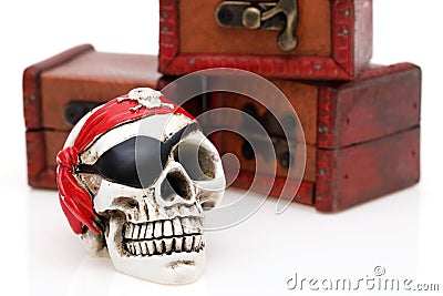 Skeleton pirate with treasure chest Stock Photo