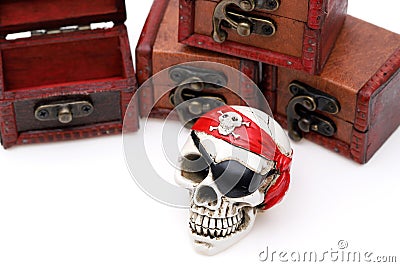 Skeleton pirate with treasure chest Stock Photo