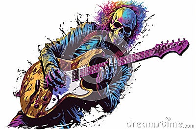 Skeleton is playing heavy music on guitar. Beautiful illustration picture. Generative AI Cartoon Illustration