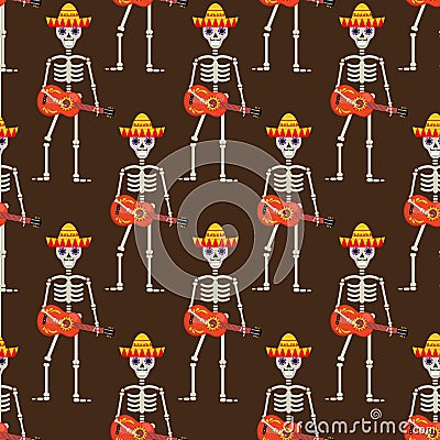Skeleton in sambrero guitar seamless pattern. Skull Mexican repeating texture. Day of the Dead or the Halloween Endless Vector Illustration
