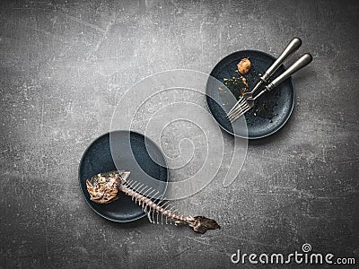 Skeleton sea breams - dorado sea fish on plate. Overhead shot with copy space. Stock Photo