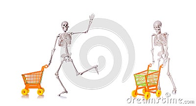 Skeleton with shopping cart trolley isolated on white Stock Photo