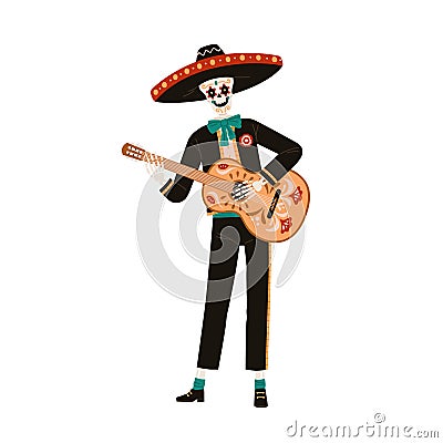 Skeleton in sombrero playing guitar for El Dia de los Muertos, Mexican Day of Dead. Mexico Mariachi character in hat at Vector Illustration