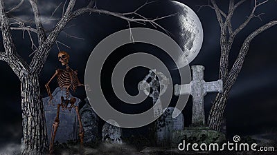 Skeleton in a spooky cemetery Stock Photo