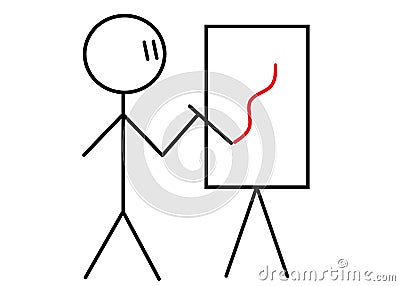 A skeleton stick man artist drawing painting a curved red line on a drawing board white backdrop Cartoon Illustration