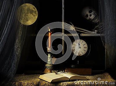 Skeleton Tapping on Window Pane Stock Photo