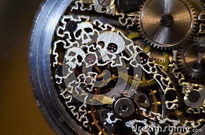 Skeleton watch. skeletonization vintage antique pocket watches. stylized skull on the clockwork. mechanical watch, in which all o. Stock Photo