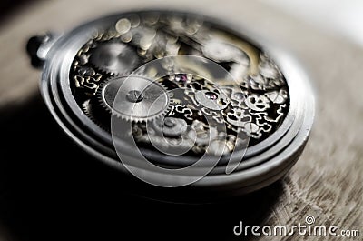 Skeleton watch. skeletonization vintage antique pocket watches. stylized skull on the clockwork. mechanical watch, in which all o. Stock Photo