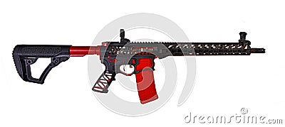 Skeletonized AR15 rifle in black and red. Stock Photo