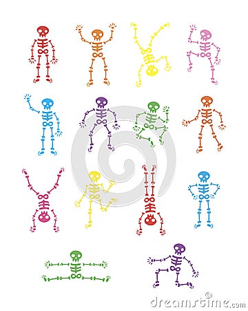 Skeletons dancing. Funny dancing skeleton illustration background. running and jumping colored skeletons. Happy Halloween. Cartoon Illustration