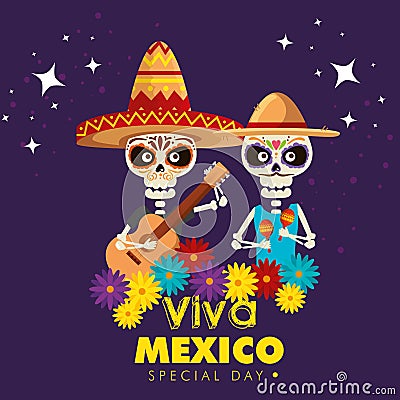 Skeletons men wearing hat with guitar and maracas to event Vector Illustration
