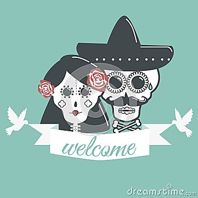 Skeletons wedding with ribbon or tape welcome and dove. Stock Photo