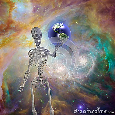 Skelton holds earth Stock Photo