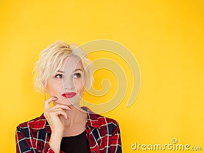 skeptic woman uncertain ideas ridiculous situation Stock Photo
